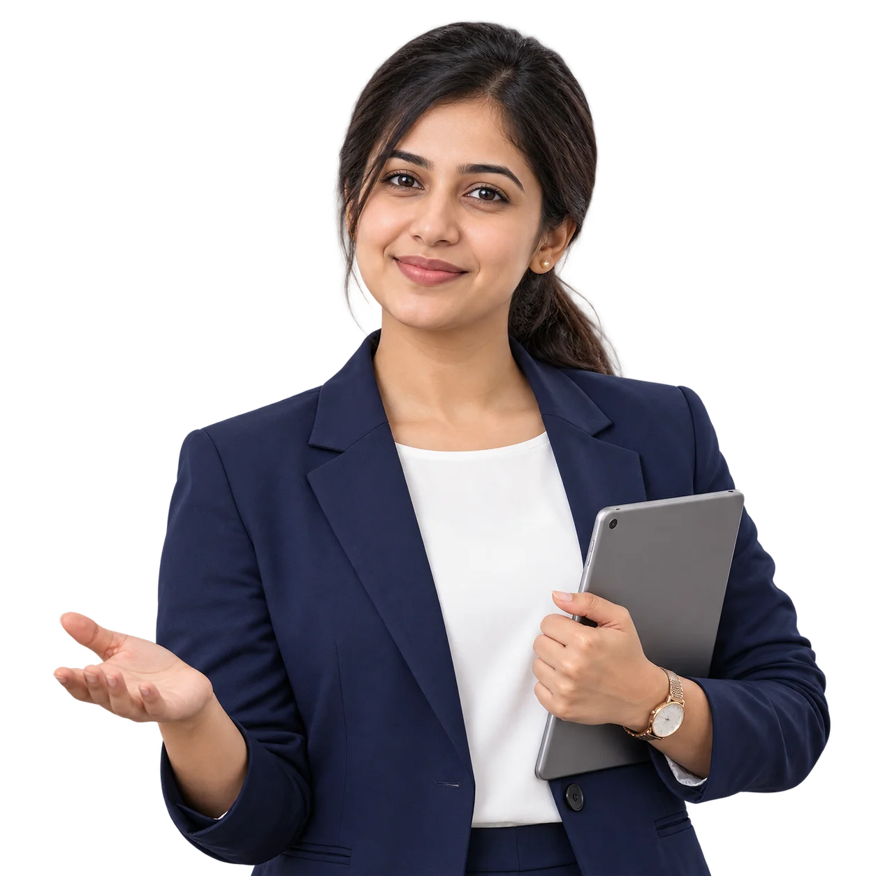 A smiling MultiBankers advisor holding a tablet, gesturing as if to explain