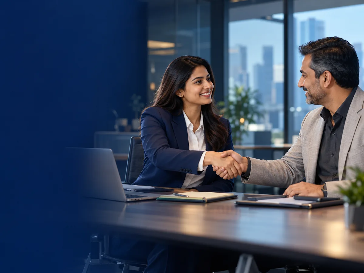 A MultiBankers advisor shaking hands with a business partner across a meeting table